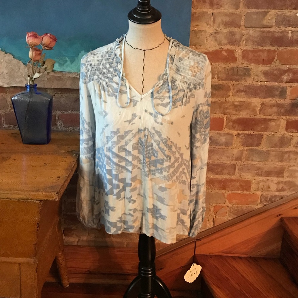 Knox Rose Blue Aztec Boho Peasant Blouse